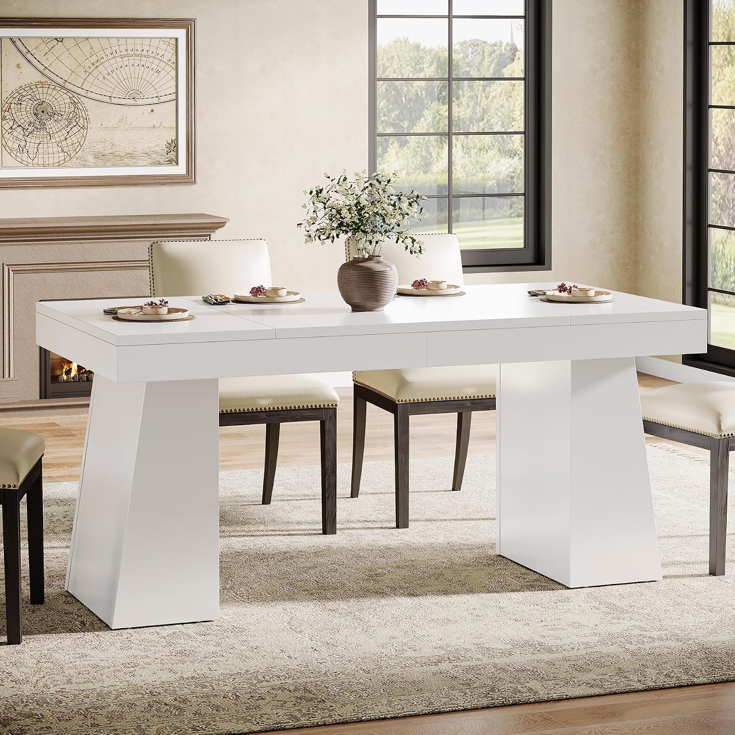 Tribesigns 55-Inch Dining Room Table for 4, Mid-Century Modern Dining Table with Double Pedstral, Rectangular Wood Kitchen Dinner Tables for Dining Room, Kitchen, Home, White (Only Table)
