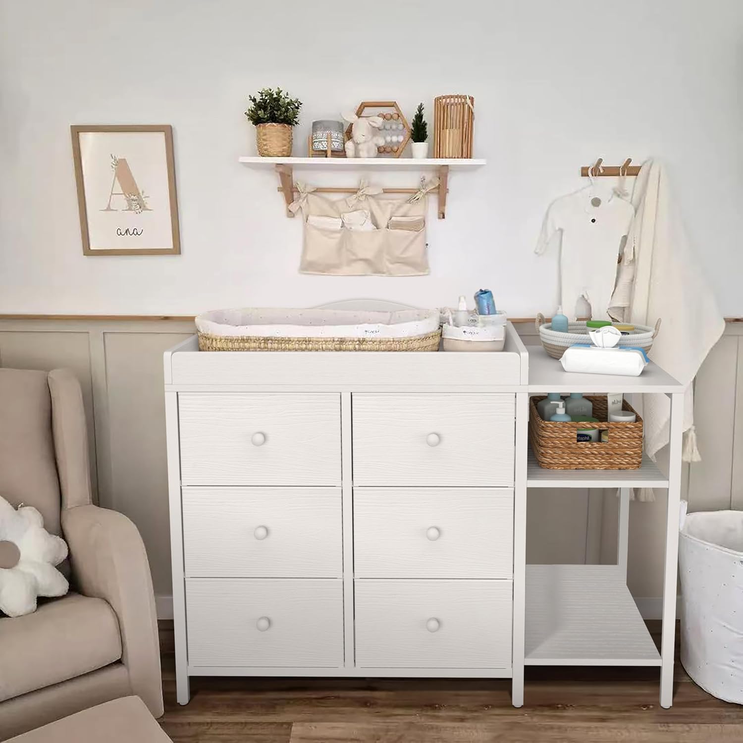 BOLUO Baby Dresser with Changing Table Top, White Changing Table Dresser with 6 Fabric Drawers Diaper Changing Station with Storage Shelf for Nursery Modern