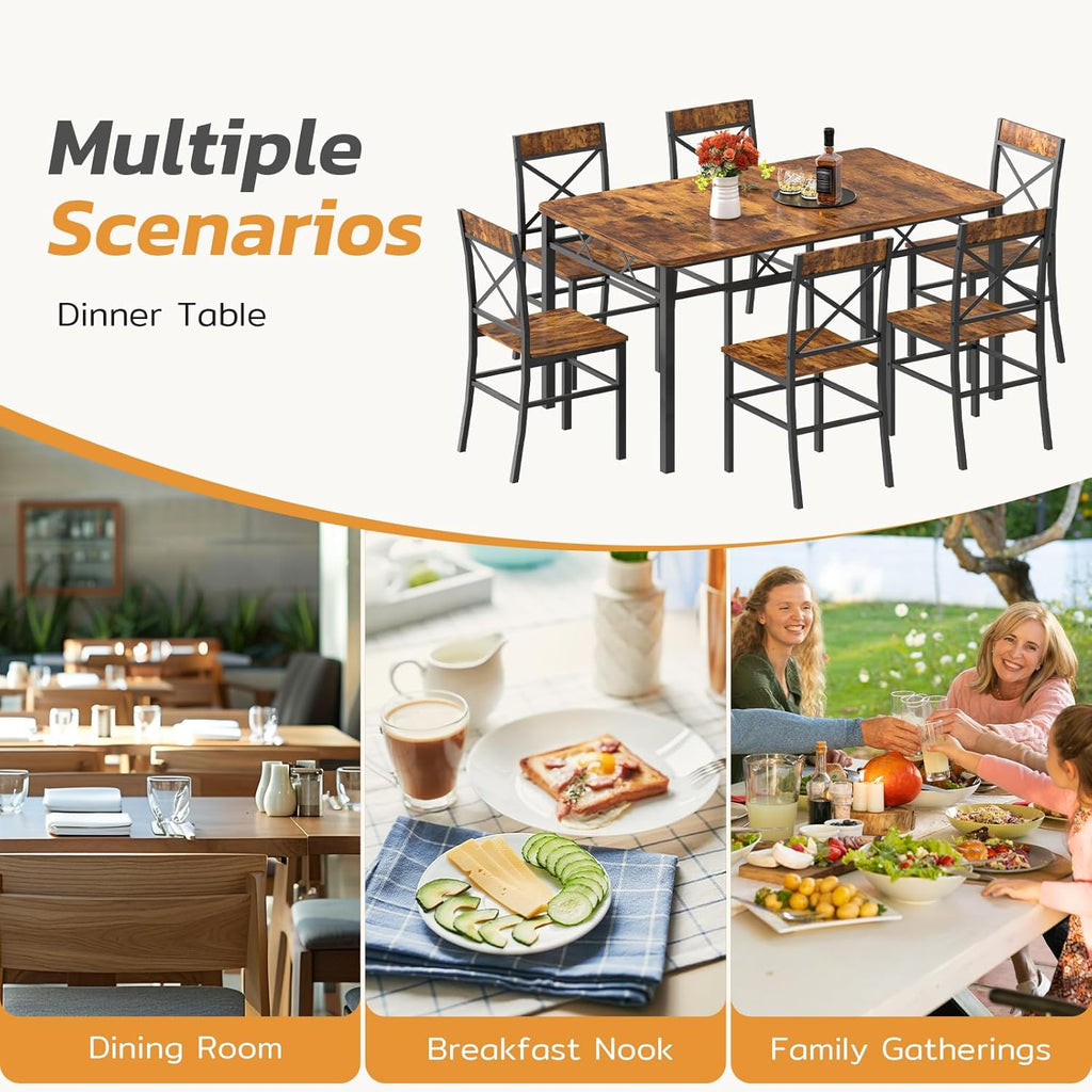 Zevemomo 7-Piece Dining Table Set, Kitchen Table Chairs Set of 6, Dining Room Sets for 6, Farmhouse Dining Table Set with 6 X-Shaped Curved Backrest Chairs, for Kitchen & Living Room-Rustic Brown