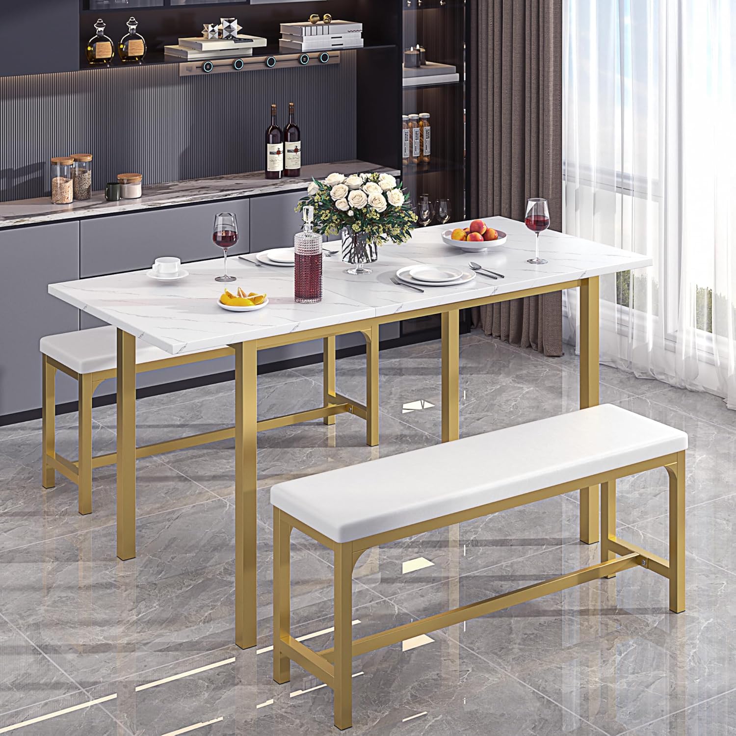 VECELO 3-Piece 63' Extendable Kitchen Table with Benches/Chairs, Modern Breakfast Dinette/Dining Room Set for 4/6/2, Small Space Saving Design, Easy Assembly