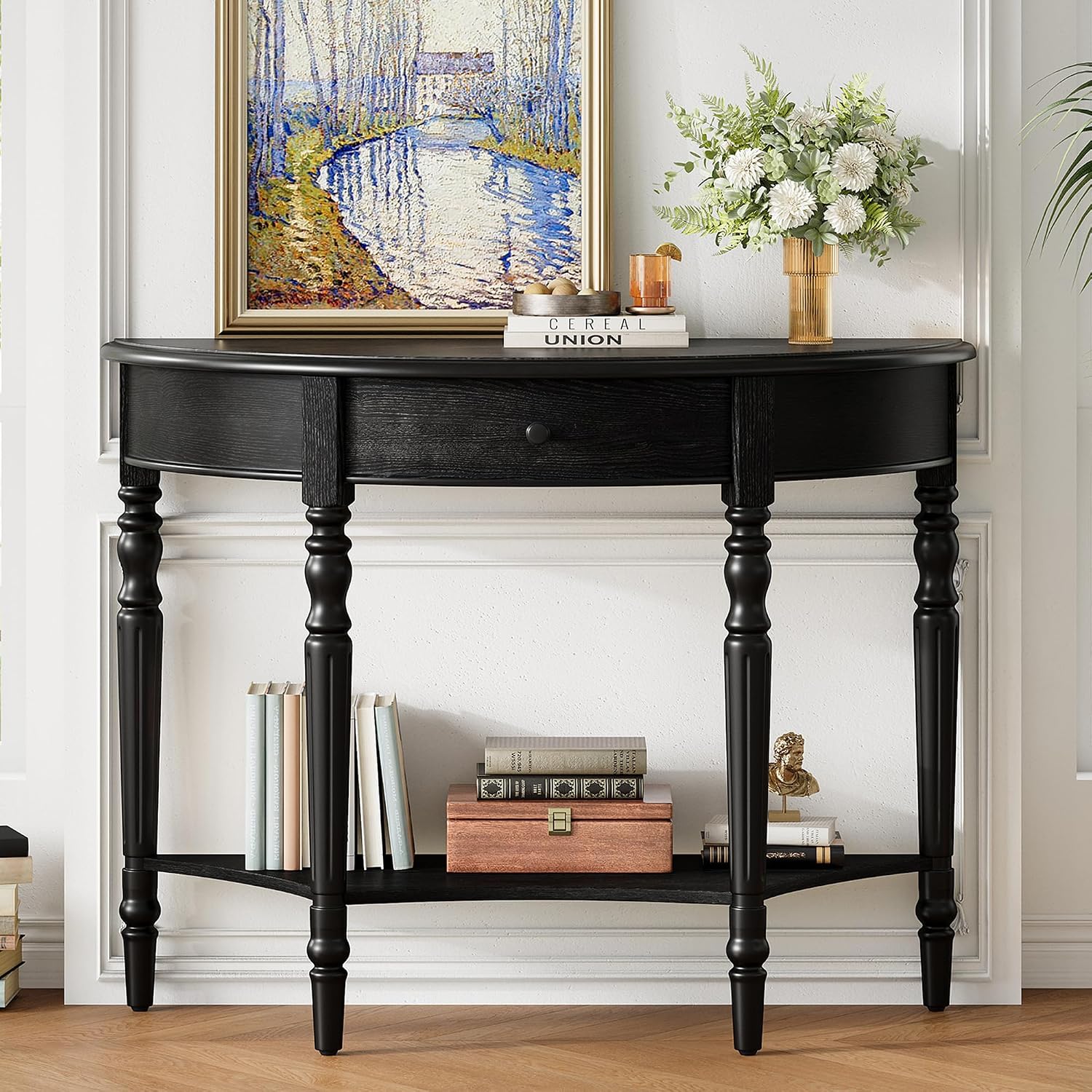 LKTART Farmhouse Half Moon Console Table with Solid Pinewood Frame and Legs,Modern Entryway Table,Small Sofa Table Behind Couch for Living Room,Hallway,Foyer (Black,39')