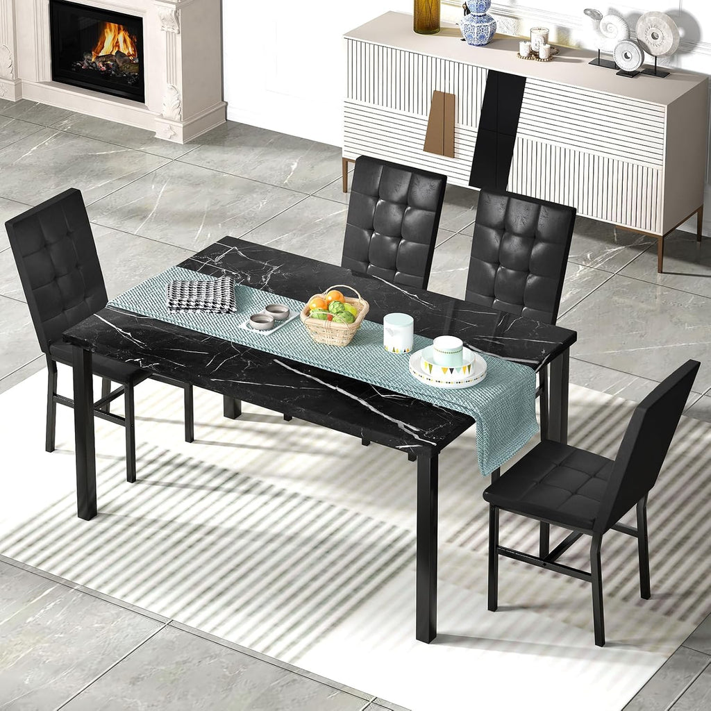 Hooseng Kitchen Table Set 5 Piece Dining Room Table Set Marble Dining Table 4 Chair Dining Table Set for Kitchen Living Room Breakfast Small Spaces (Black)