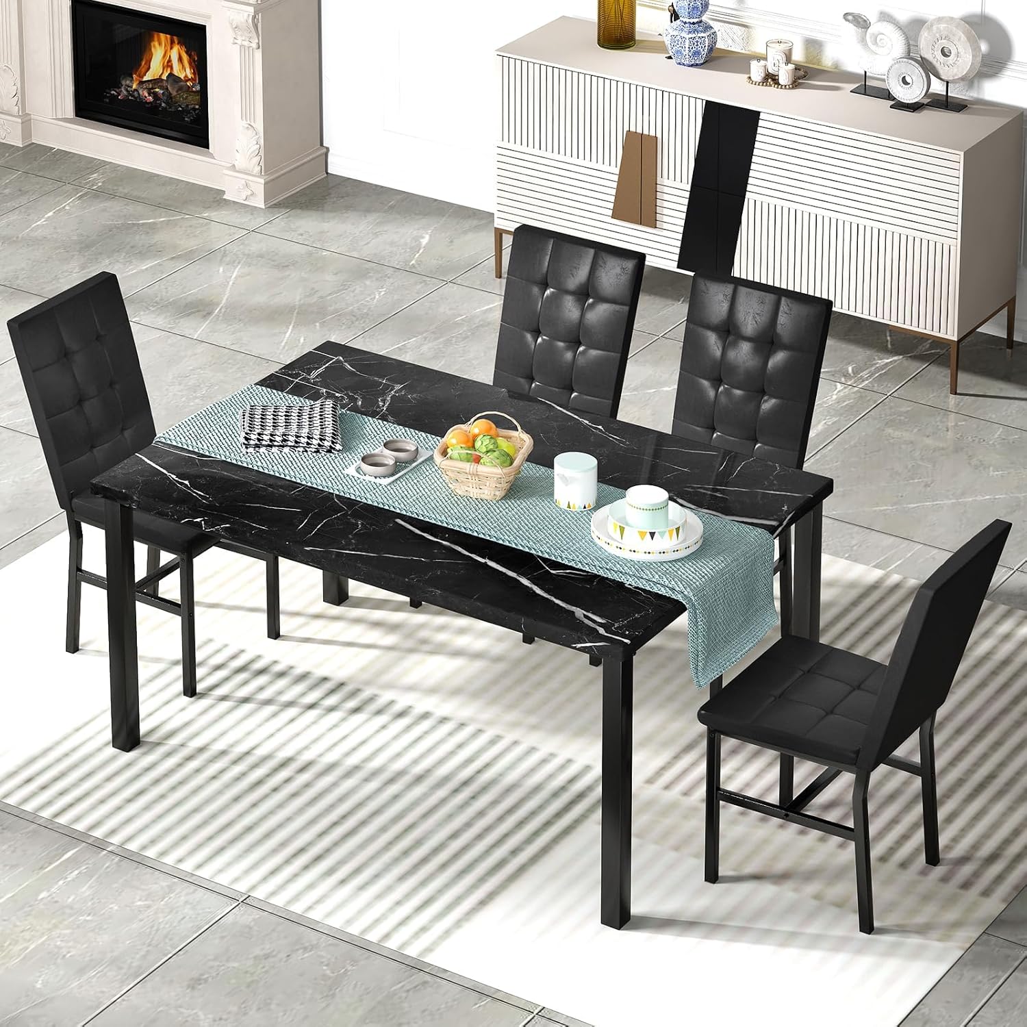 Hooseng Kitchen Table Set 5 Piece Dining Room Table Set Marble Dining Table 4 Chair Dining Table Set for Kitchen Living Room Breakfast Small Spaces (Black)