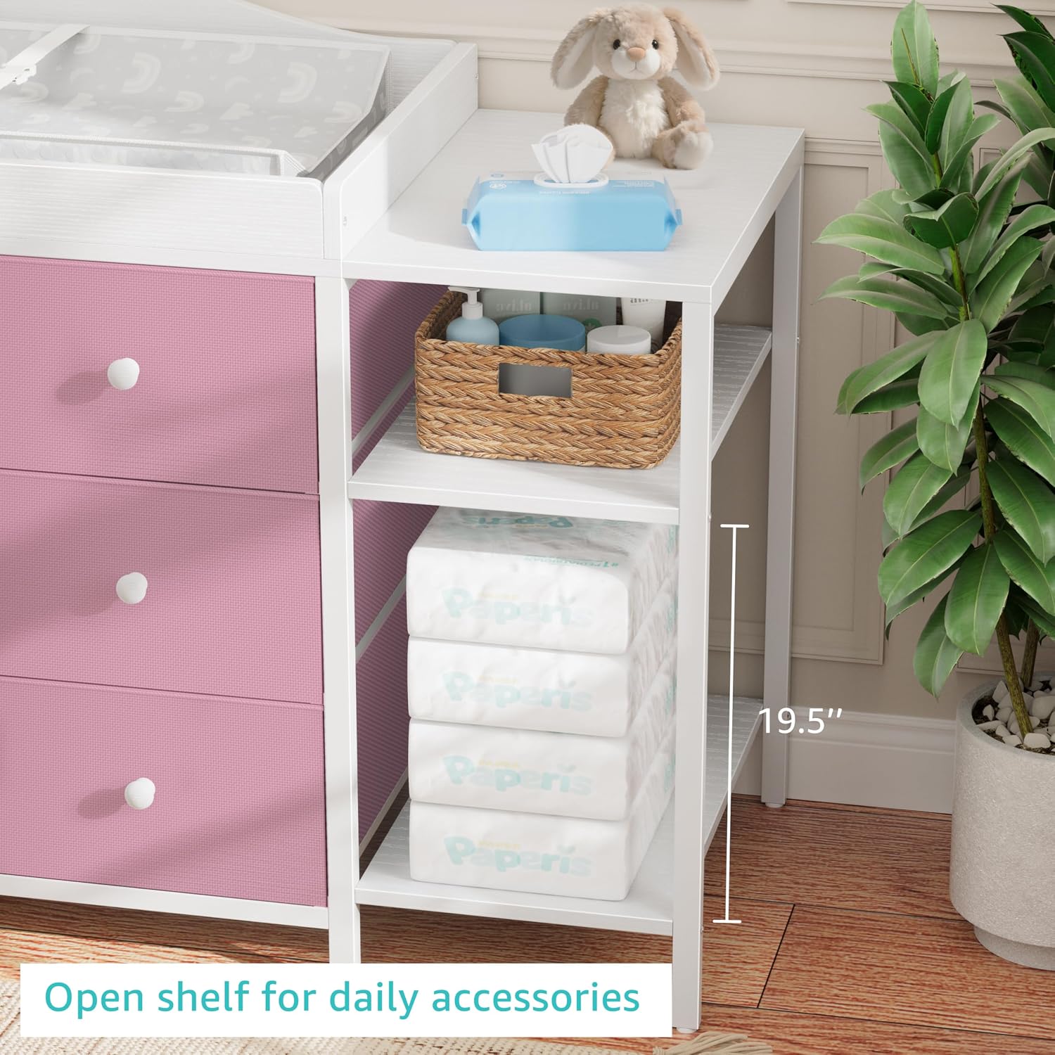 BOLUO Baby Dresser with Changing Table Top, Changing Table Dresser with 6 Fabric Drawers Diaper Changing Station with Storage Shelf for Nursery Modern