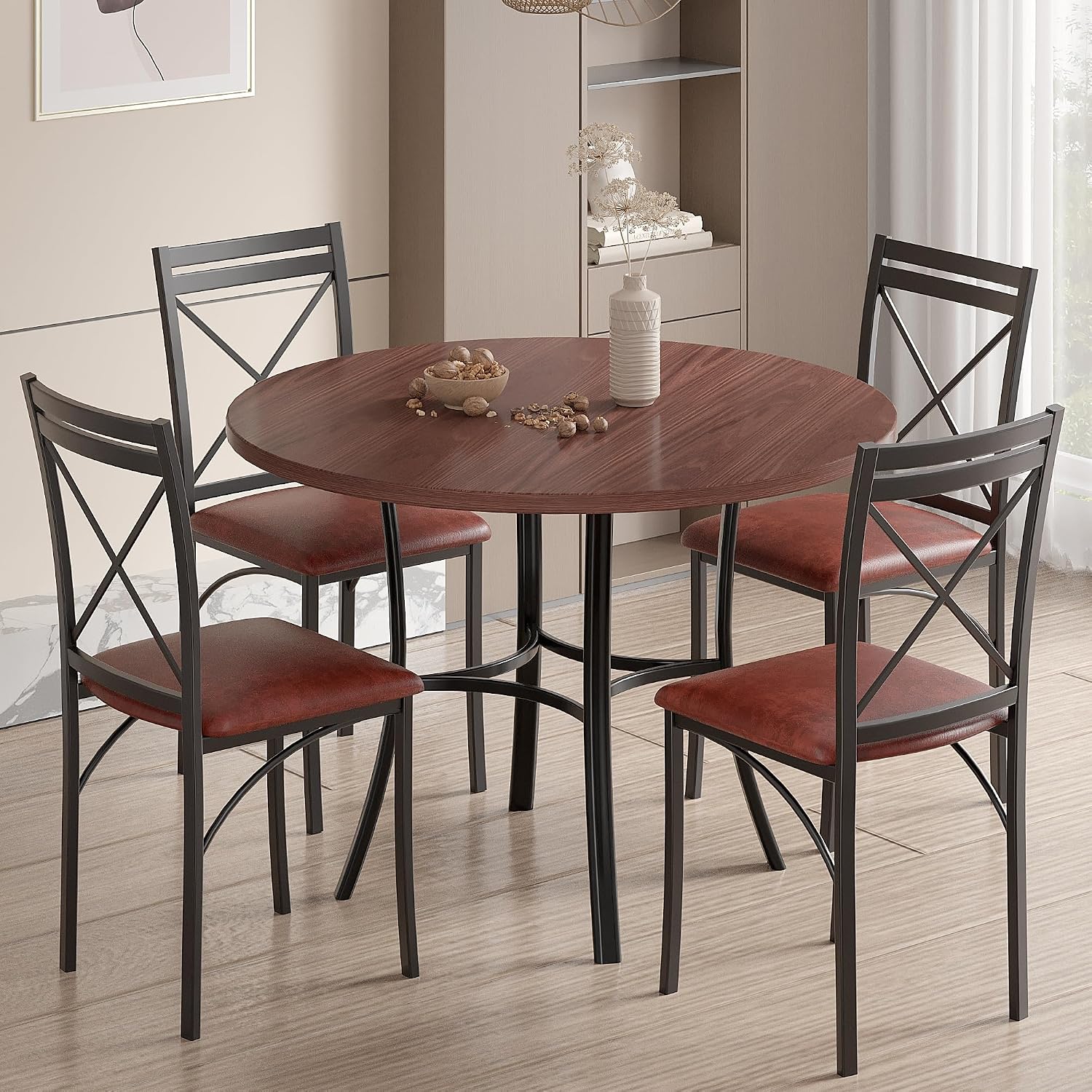 VECELO 5 Piece Dining Table Set for 4, Wood Grain Dinette with Chairs for Kitchen, Breakfast Nook, Small Space, Dark Brown