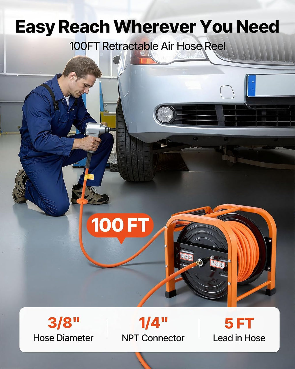 VEVOR Retractable Air Hose Reel, 3/8 Inch x 100 FT Hybrid Air Hose Max 300PSI, Auto Rewind Air-Compressor Hoses Reel with 5ft Lead in, Portable Freestanding Heavy Duty Steel Reel for Garages Workshops