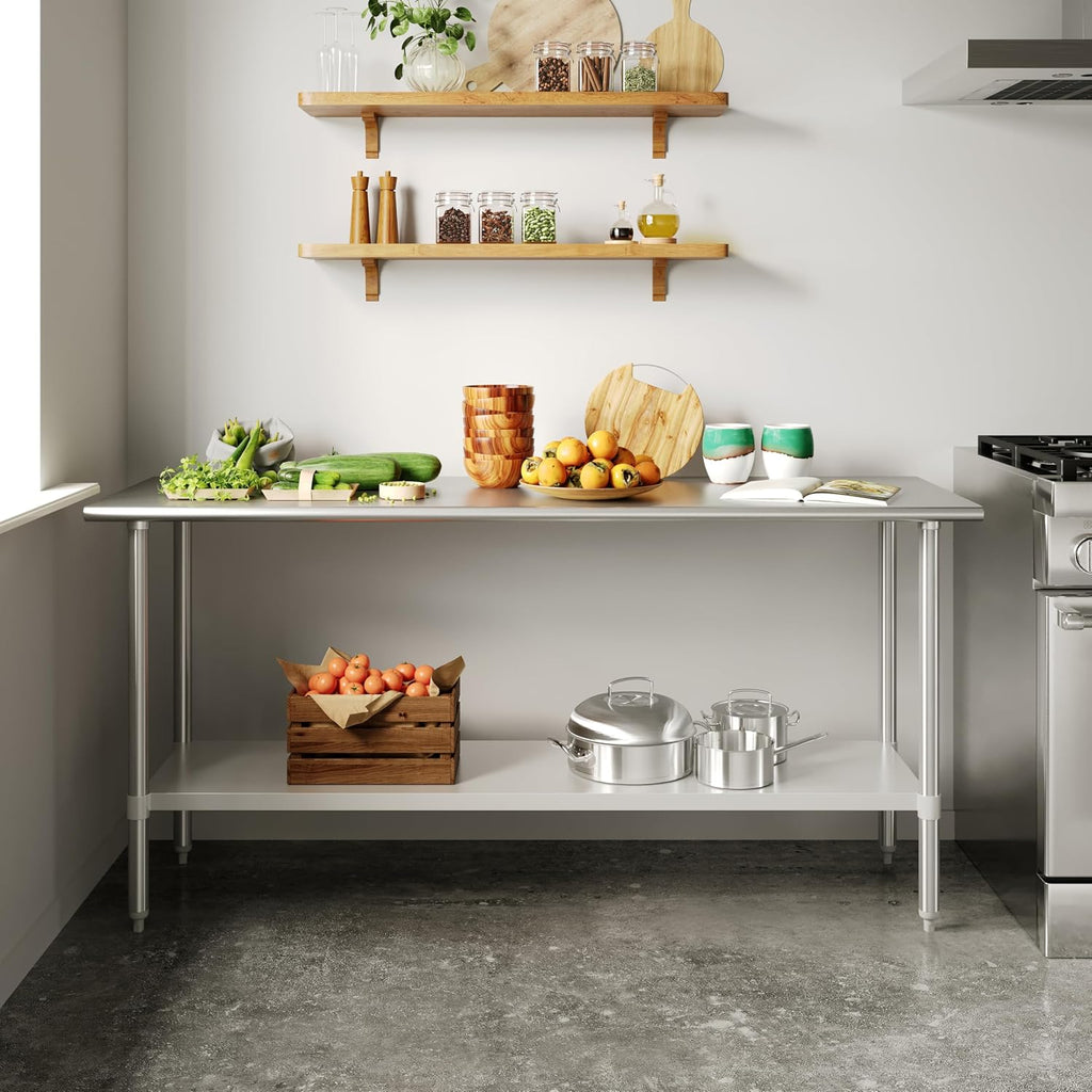 Flash Furniture Reese NSF Certified Stainless Steel Kitchen Prep and Work Table, Commercial Work Table with Storage, 72' W x 24' D x 34.5' H, Silver