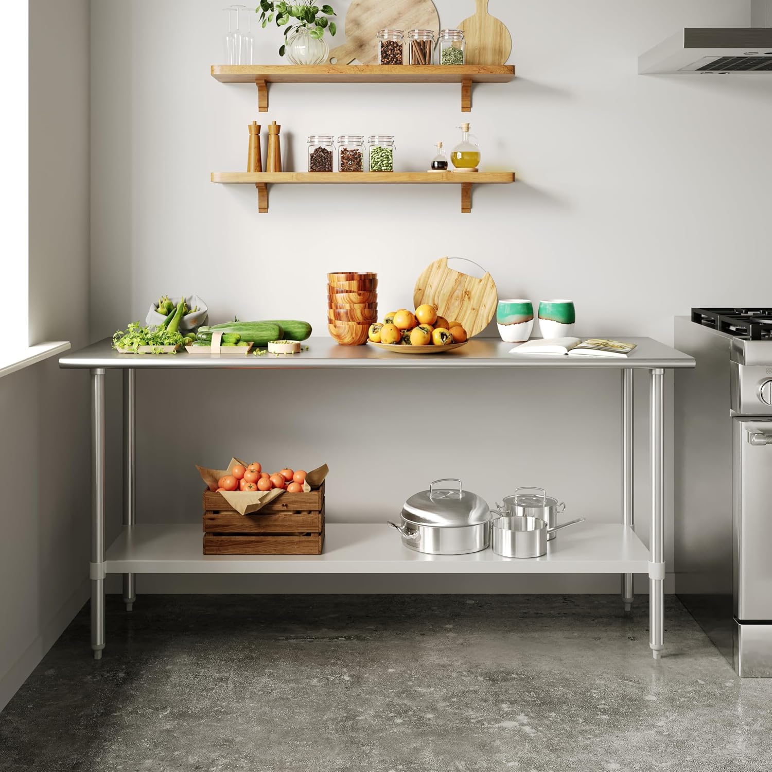 Flash Furniture Reese NSF Certified Stainless Steel Kitchen Prep and Work Table, Commercial Work Table with Storage, 72' W x 24' D x 34.5' H, Silver
