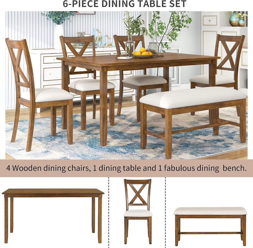 Merax Solid Wood Dining Table Set with Bench for 6, 6 Piece Rectangular Kitchen Table Set with 4 Upholstered Chairs and Bench for Room Dining Room - Natural Cherry+Beige
