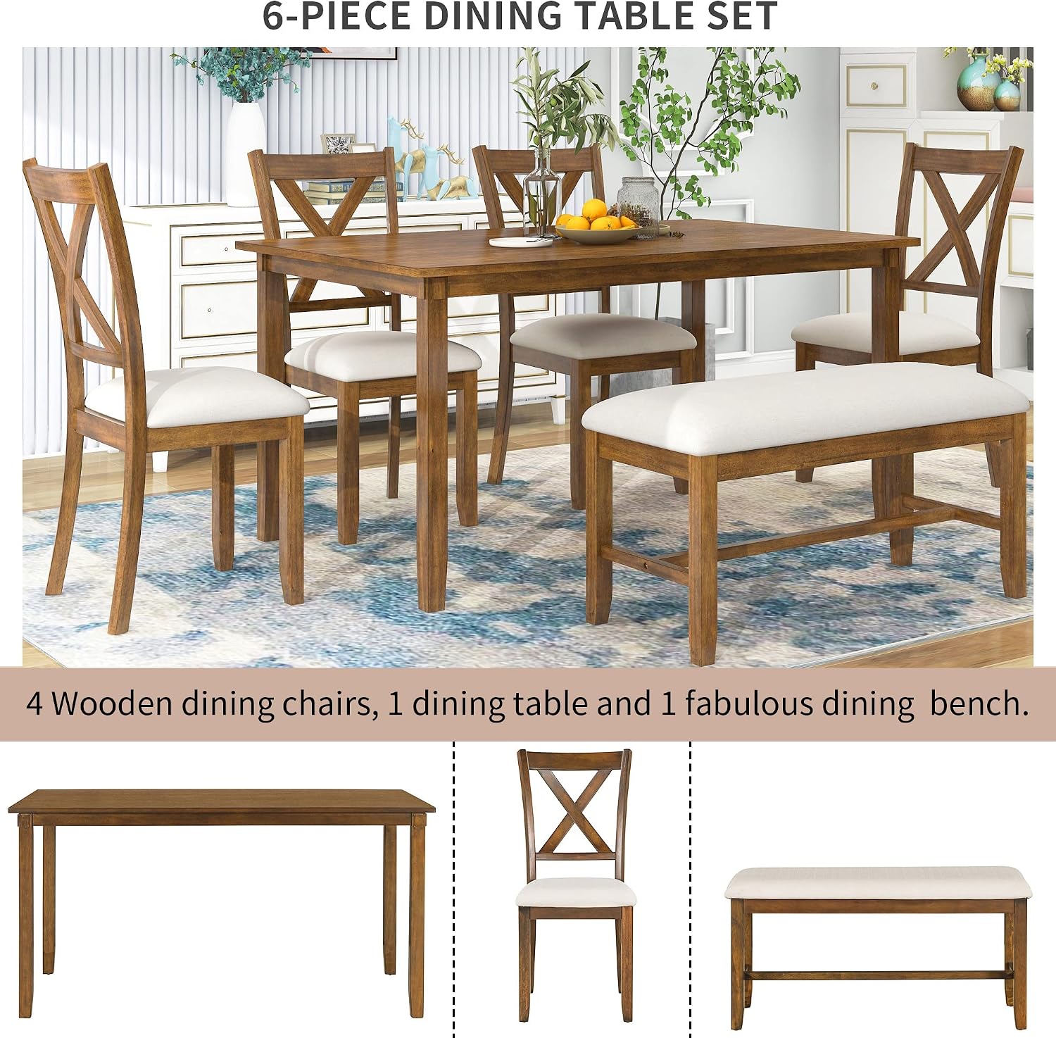 Merax Solid Wood Dining Table Set with Bench for 6, 6 Piece Rectangular Kitchen Table Set with 4 Upholstered Chairs and Bench for Room Dining Room - Natural Cherry+Beige