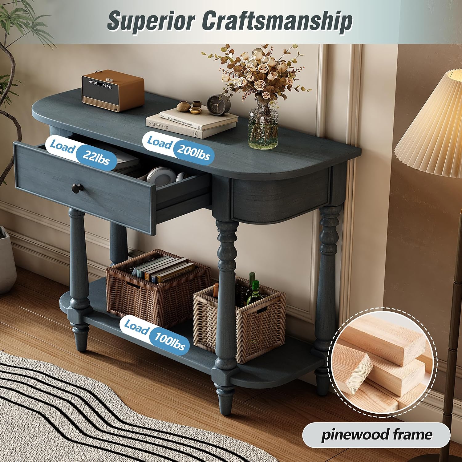 LKTART Solid Wood Corner-Curved Console Table,Farmhouse Small Entryway Sofa Table with Drawer & Open Shelf for Living Room,Hallway,Foyer(Navy 36')