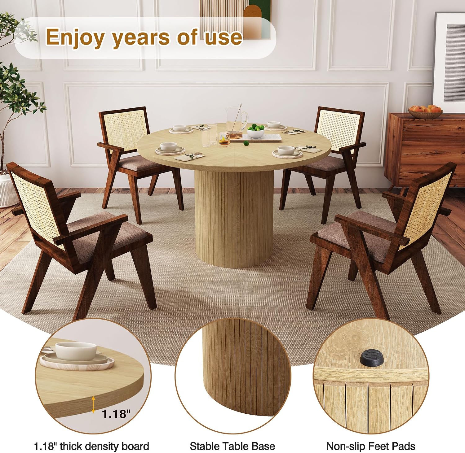 weselon Round Dining Table for 4, Modern Farmhouse Kitchen Table, 47 Inch Small Circle Dining Tables with Wood Strip Base for Kitchen Living Room (Natural)