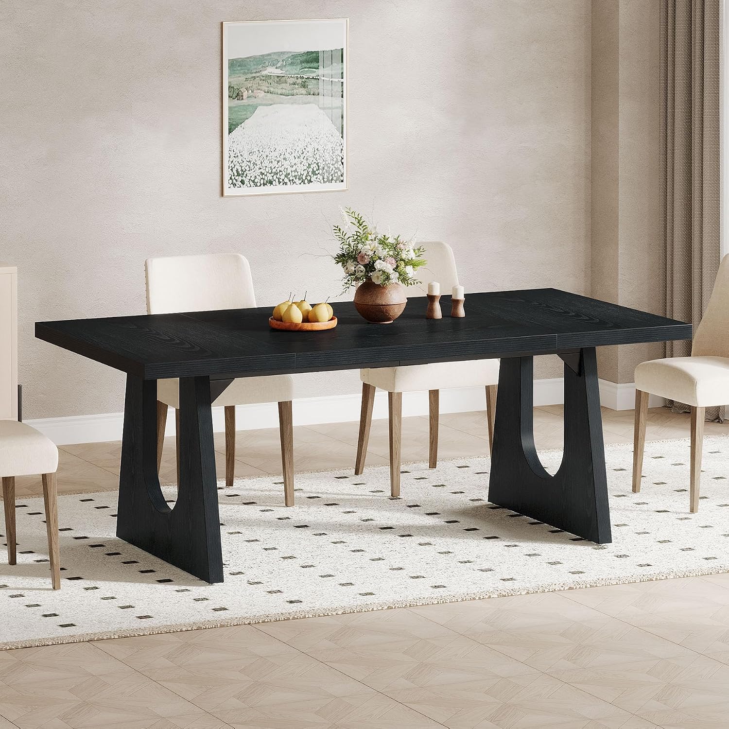 Tribesigns Large Dining Table for 6-8 People, 70.9-Inch Wood Rustic Rectangular Table with Black Wooden Legs, Farmhouse Center Kitchen Table for Dining Room, Living Room, Home Furniture, Black