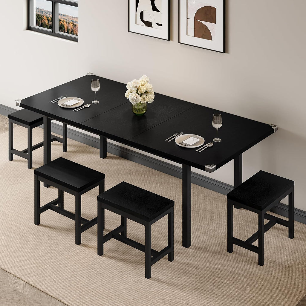 Einhomn 7-Piece Dining Table Set, 63' Extendable Kitchen Room Table with 6 Stools, Mid Century Modern Dinner Table with Metal Frame & MDF Board, Space-Saving, Easy Assembly, Black