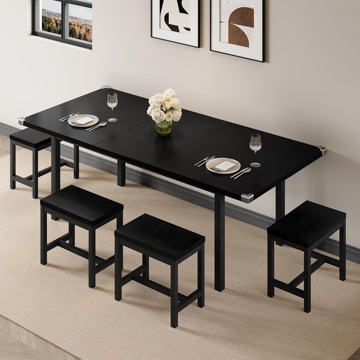 Einhomn 7-Piece Dining Table Set, 63' Extendable Kitchen Room Table with 6 Stools, Mid Century Modern Dinner Table with Metal Frame & MDF Board, Space-Saving, Easy Assembly, Black