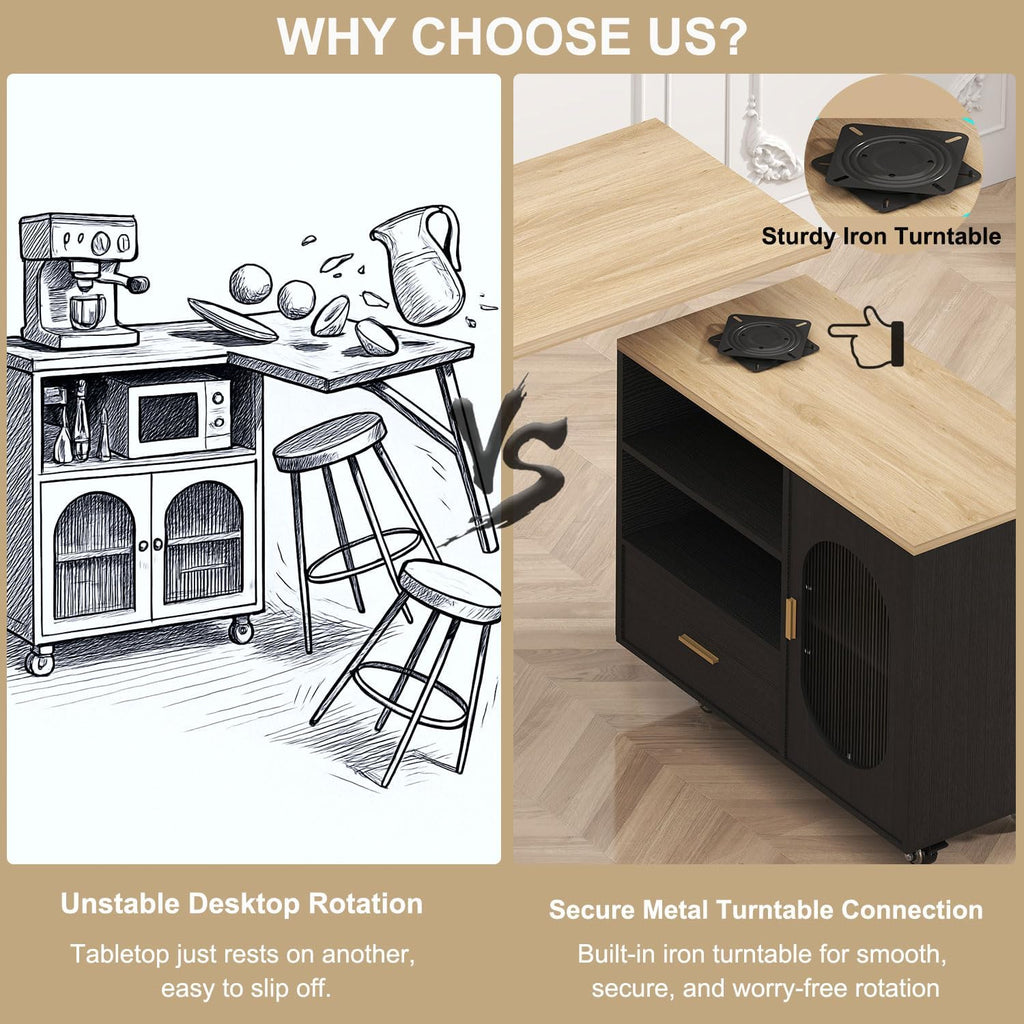 HSH 72' Rolling Kitchen Island with Seating, 360° Swivel Table, Kitchen Island with Storage Cabinet, Drawer & Shelves, Farmhouse Mobile Island Cart on Wheels for Dining Room & Home Bar, Black Oak