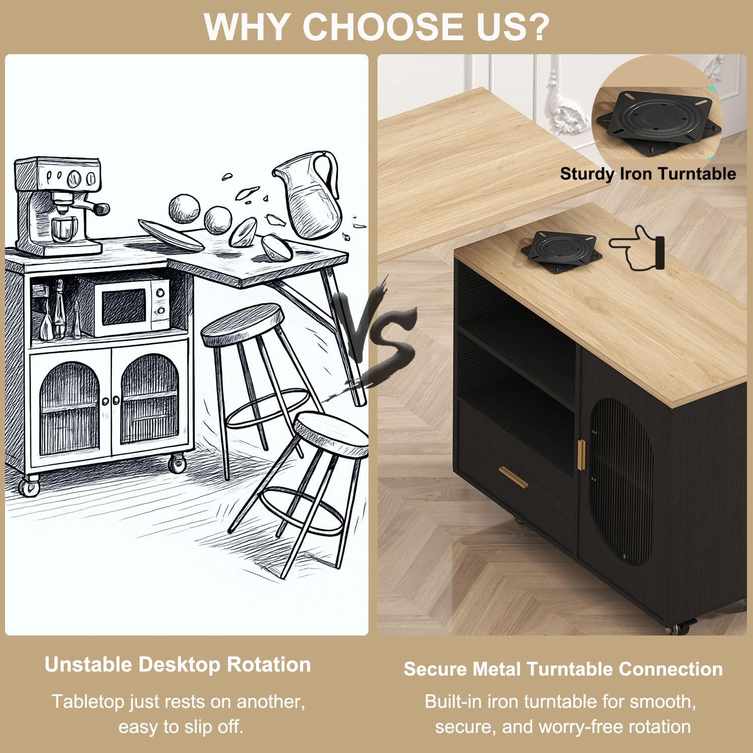 HSH 72' Rolling Kitchen Island with Seating, 360° Swivel Table, Kitchen Island with Storage Cabinet, Drawer & Shelves, Farmhouse Mobile Island Cart on Wheels for Dining Room & Home Bar, Black Oak
