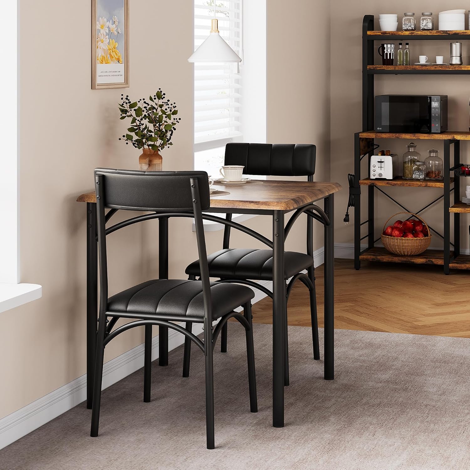 3-Piece Dining Table Set for 2, Kitchen Table Set with 2 Upholstered Chairs, Square Dining Table Set for Apartment, Studio, Small Space, Brown
