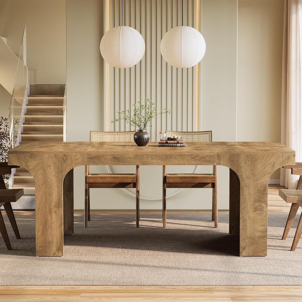 Tribesigns 71-Inch Farmhouse Dining Table for 6-8, Long Wooden Kitchen Table with Arched Design, Large Rectangular Dining Room Furniture with Double Pedestal for Dinner, Banquet, Natural Wood Grain