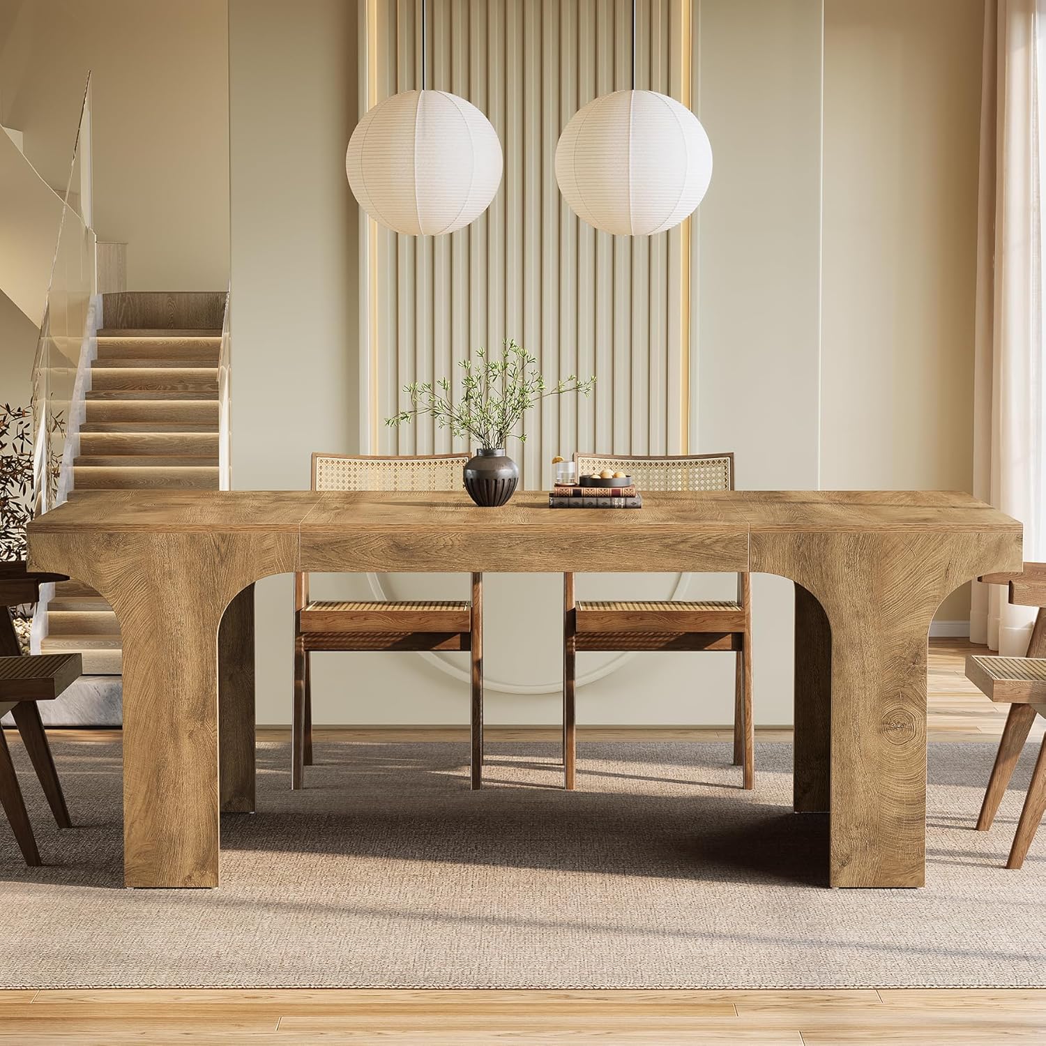 Tribesigns 71-Inch Farmhouse Dining Table for 6-8, Long Wooden Kitchen Table with Arched Design, Large Rectangular Dining Room Furniture with Double Pedestal for Dinner, Banquet, Natural Wood Grain