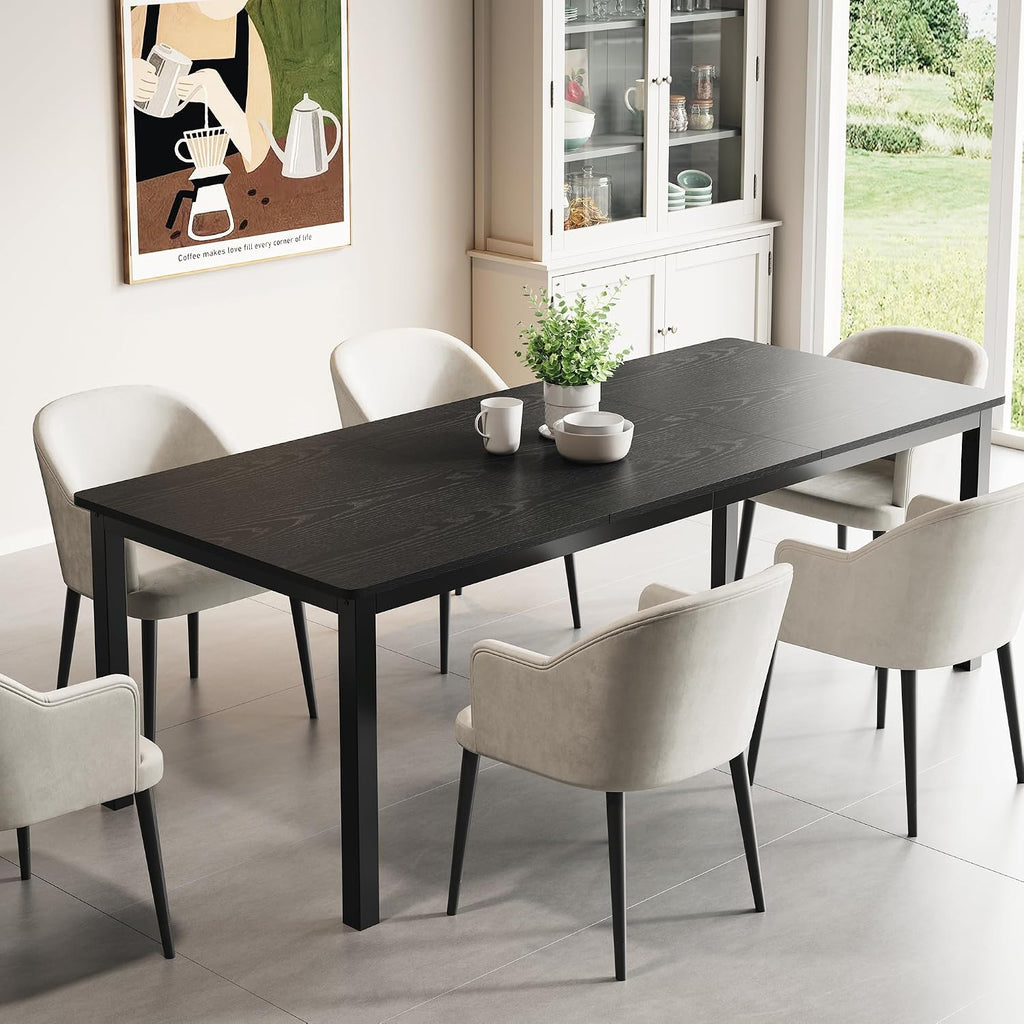 GarveeHome 70.8 in Industrial Dining Table for 6, Wooden Long Dinner Table with Mortise Tenon Design, Kitchen Table with Sturdy Metal Legs, for Dining Room Home Office Living Room, Black