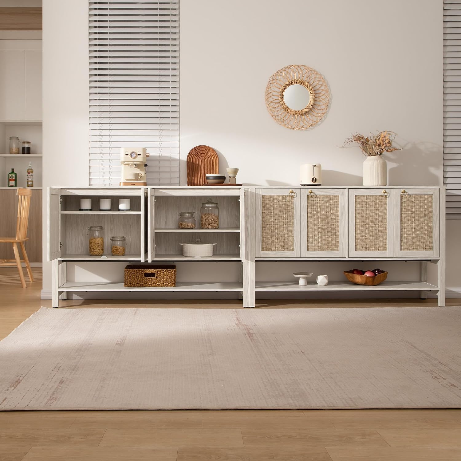 SICOTAS Rattan Sideboard Buffet Cabinet with Open Storage - Large Storage Cabinet with 4-Doors and Adjustable Shelves, Boho Credenza Coffee Bar Cabinets Buffet Table Console Table for Kitchen,Hallway