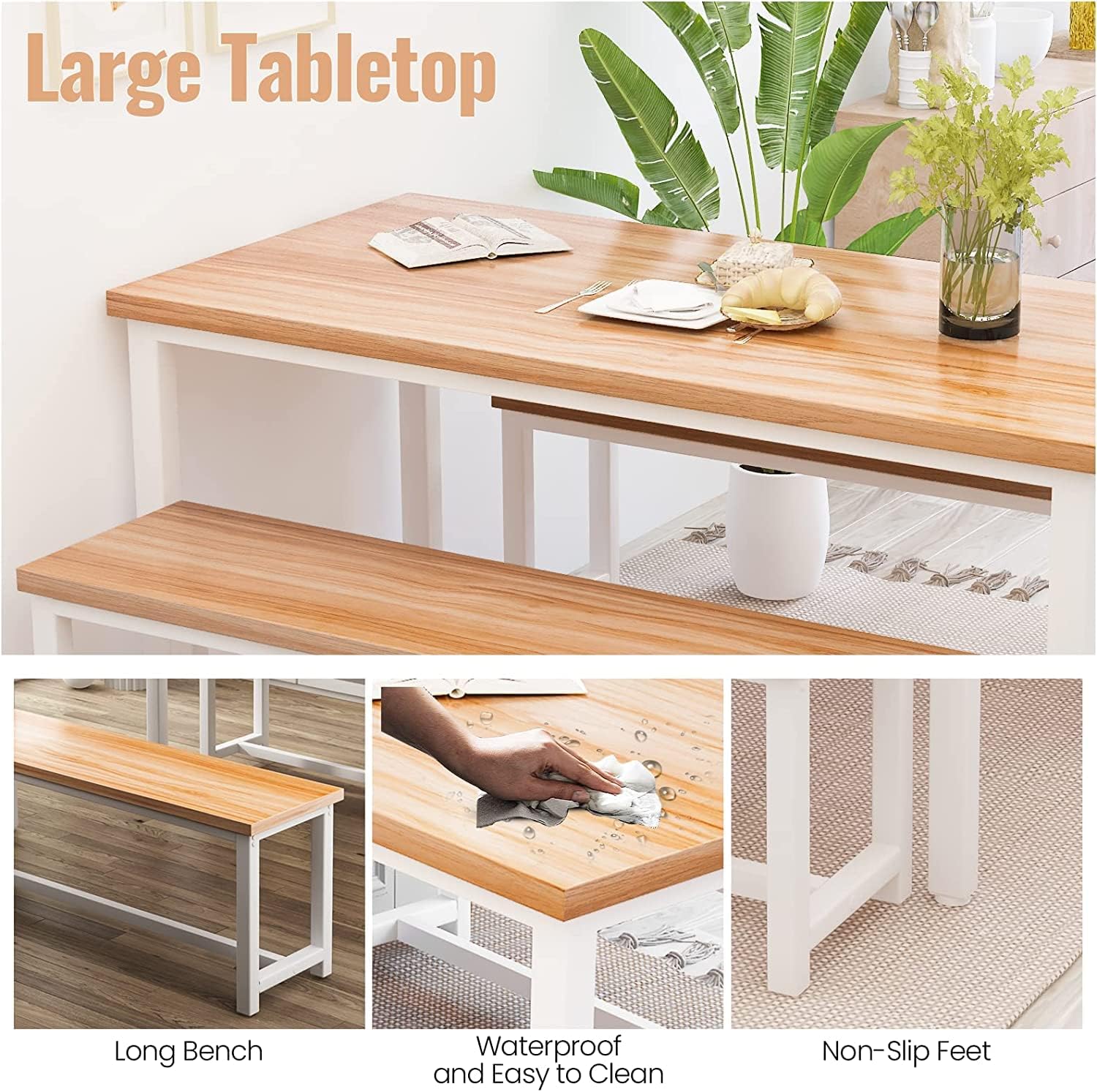 Dining Room Table Set with 2 Benches, Farmhouse Dining Table Set for 4-6, Wood Breakfast Table Set Dinner Table Set Kitchen Table and Chairs for Breakfast Nook Small Spaces, Beige
