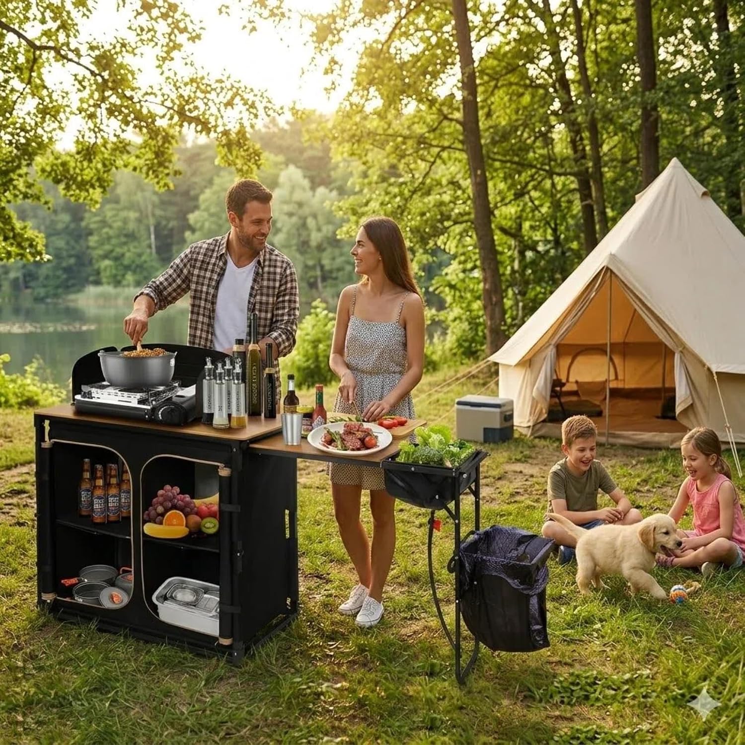 KingCamp Bamboo Camp Kitchen Station, Folding Overland Camping Kitchen Table Hooks Portable Outdoor Cooking with Adjustable Lantern Pole & Windshield Storage Organizer for Tailgating BBQ Picnic RV