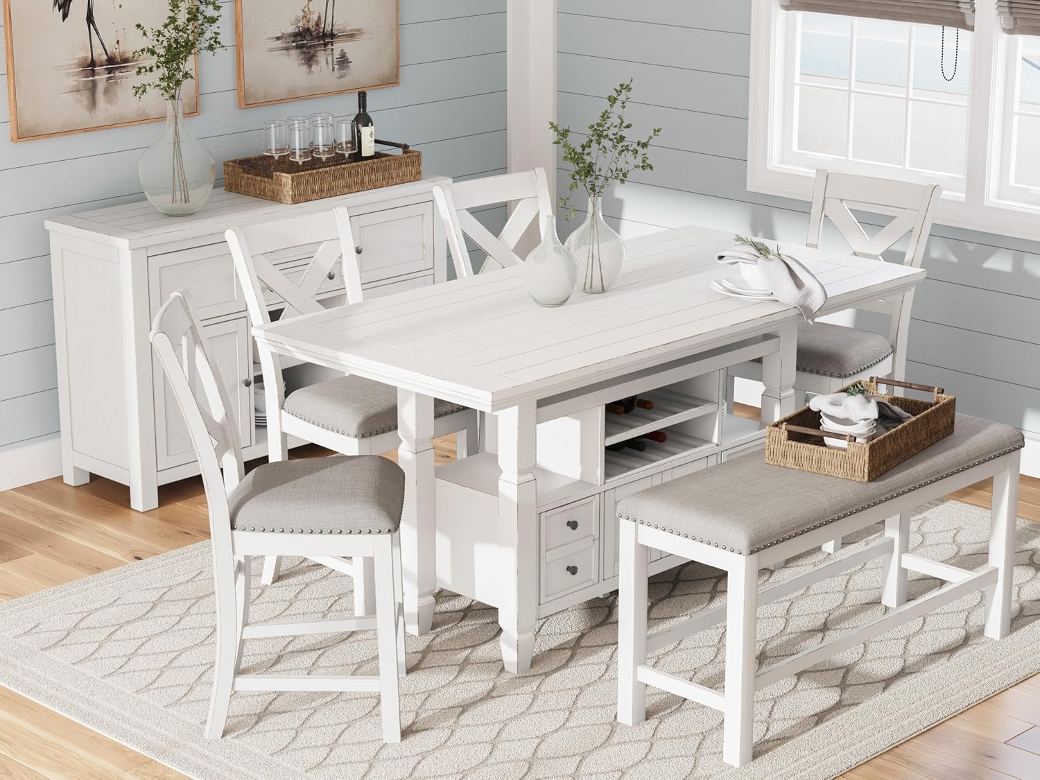 Signature Design by Ashley Robbinsdale Casual Counter Height Dining Table with 10 Bottle Wine Storage, Open Shelves, Drawers and Cabinet, Antiqued White Finish, 36' W x 72' L x 37' H