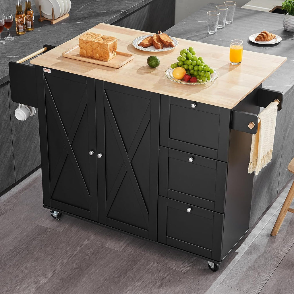 VEVOR Kitchen Island Cart, Rolling Table with Drop Leaf, Spice Rack, Towel Bar, Adjustable Shelf, Drawer, and Hooks, Mobile Island on Wheels, Mobile Carts with Storage Cabinet, 45.3' Wood Top, Black