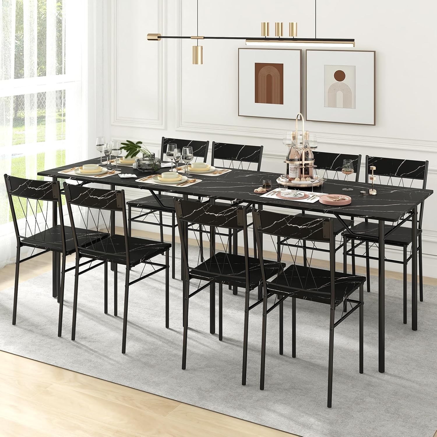 Giantex Dining Table Set for 4, 5-Piece Breakfast Nook with Kitchen Table, 4 Dining Chairs, Metal Frame, Space-Saving Dinette Table Set for 4, Small Place, Kitchen Table Chairs Set of 4 (Marble Black)