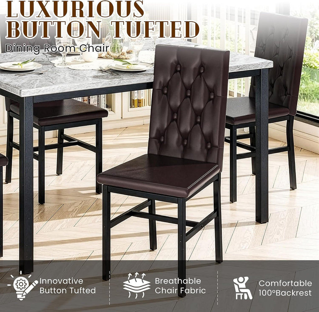 Hooseng Dining Table Set for 4, Faux Marble Small Kitchen Table Chairs Set of 4 with Luxurious Button Tufted Dinner Chairs for Kitchen and Dining(Brown)