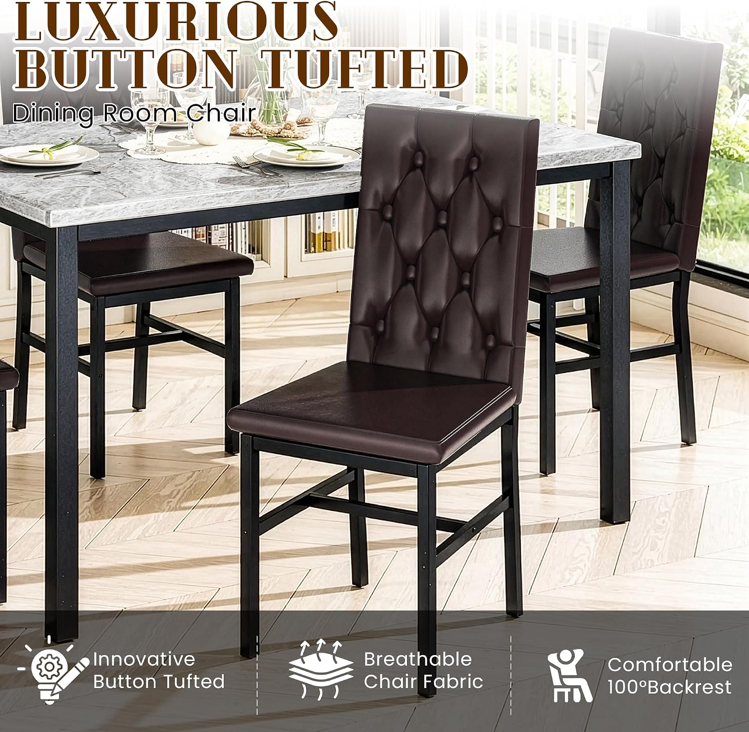 Hooseng Dining Table Set for 4, Faux Marble Small Kitchen Table Chairs Set of 4 with Luxurious Button Tufted Dinner Chairs for Kitchen and Dining(Brown)