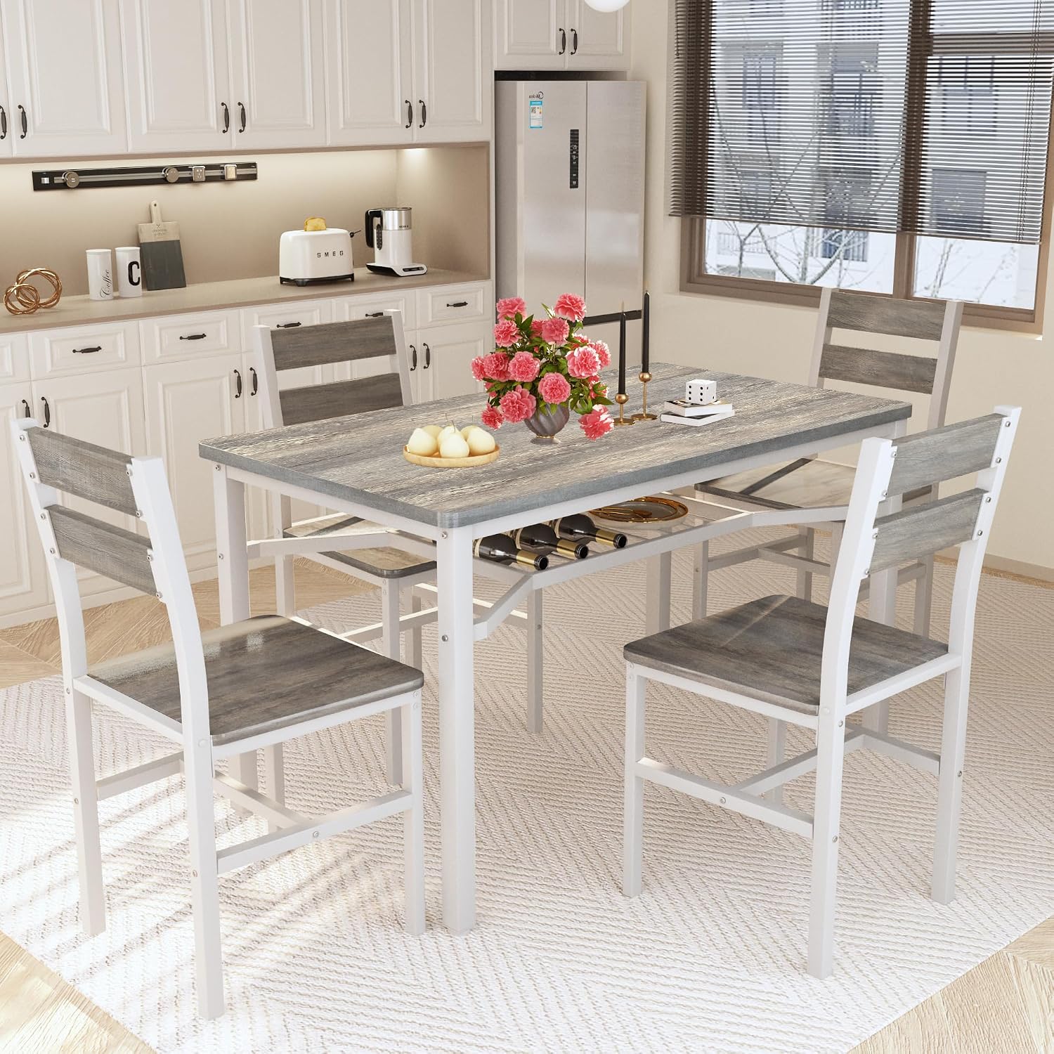 Hooseng Dining Table Set for 4, Wood Kitchen Table Chairs Set with Storage, Farmhouse 5 Piece Dining Room Table Set, Space-Saving Dinette Set for Breakfast Nook, Apartment