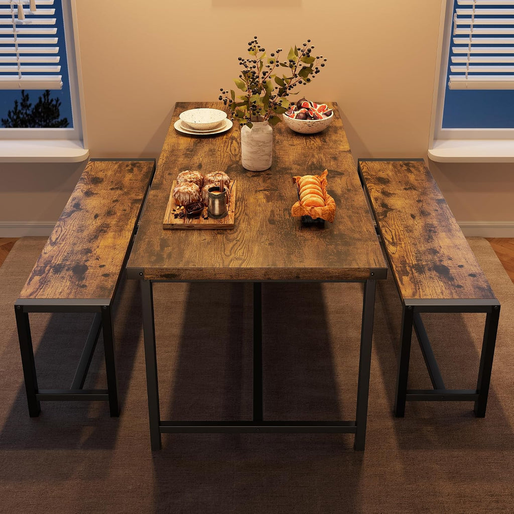IDEALHOUSE Dining Table Set for 4, Kitchen Table with Benches, Rectangular Dining Room Table Set with 2 Metal Wood Benches, 3 Piece Dining Table Set for Small Space, Apartment, Dinette, Retro Brown