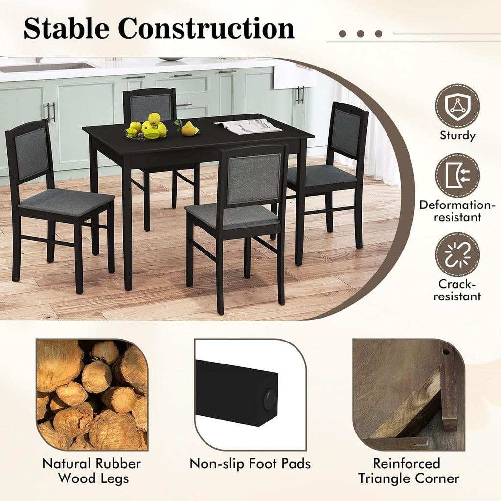 Tangkula Dining Table Set for 4, Farmhouse Solid Wood Dinette Set w/Rubber Wood Legs, Upholstered Seat & Padded Backrest, Mid-Century Modern Dining Table and Chairs Set for Kitchen, Dining Room