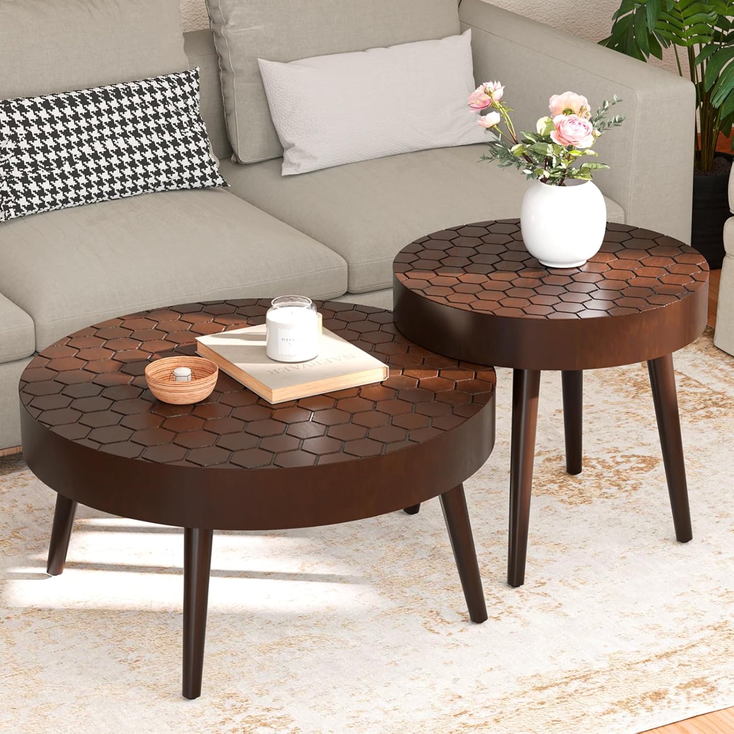 SUNBURY Coffee Table Set, Morden Round Coffee Table Set of 2, 18' Farmhouse Living Room Nesting Tables, Livingroom Table Set
