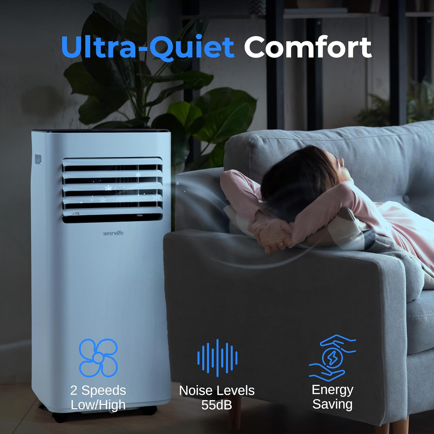SereneLife 10000 BTU Portable Air Conditioner - Free-Standing A/C Unit w/Cooling, Dehumidifier & Fan, Energy Efficient, 320 Sq. Ft. Coverage, Includes Window Mount Kit & Wheels, 11x11x27 IN (White)