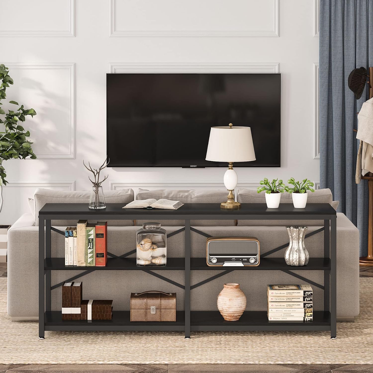 LITTLE TREE 70.9 Inch Long Console Sofa Table 3-Tier Industrial Sofa Table Behind Couch Table Hallway Entryway Table for Living Room, Black