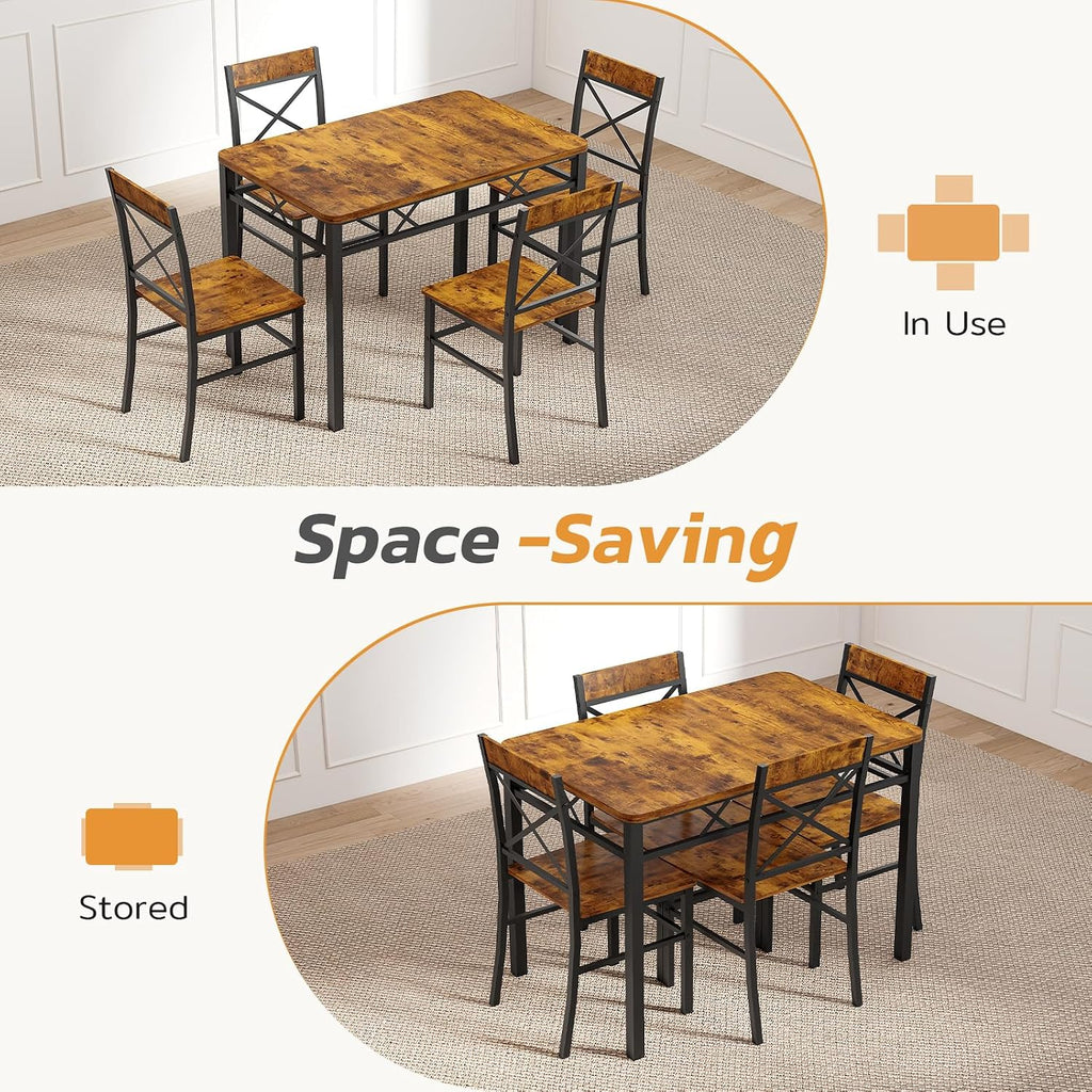 Zevemomo 5-Piece Dining Table Set, Breakfast Nook Table Set, Kitchen Table Chairs Set of 4, Small Dining Table Set for 4 X-Shaped Curved Backrest Chairs, for Small Spaces & Living Room-Rustic Brown