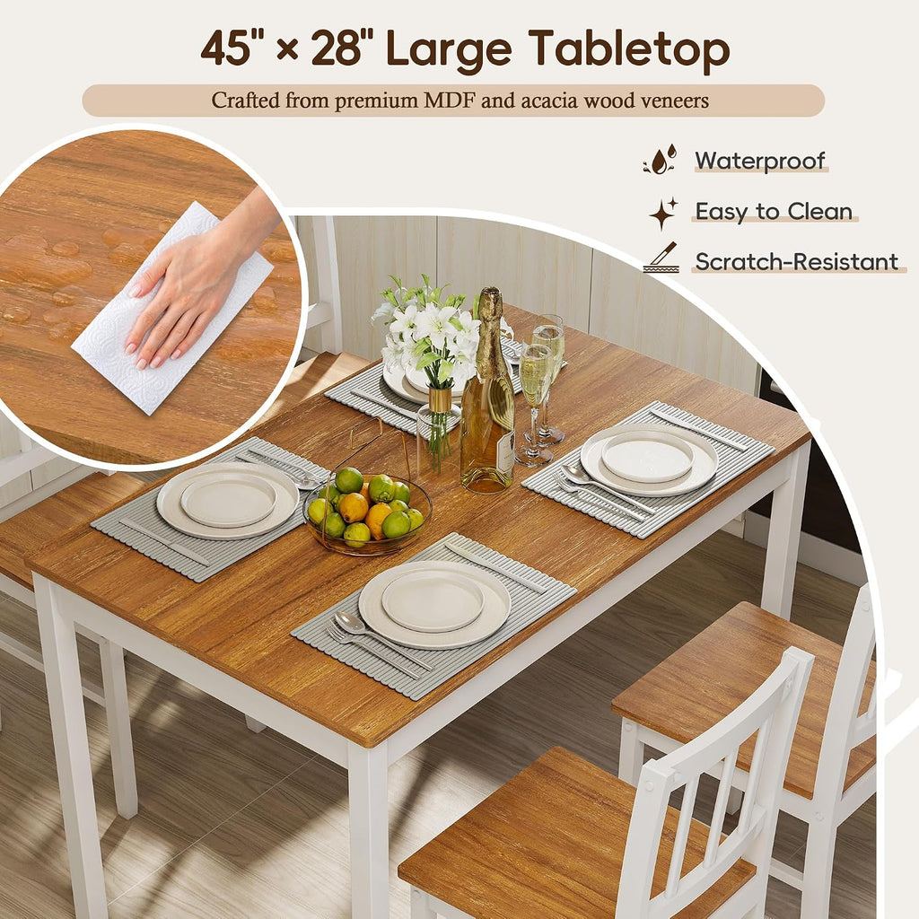 5-Piece Dining Table Set for 4, Solid Wood Farmhouse Rectangular Kitchen Table Set with 4 Chairs, Space-Saving Wooden Dinette Set for Small Space, Dining Room, Breakfast Nook, Brown & White