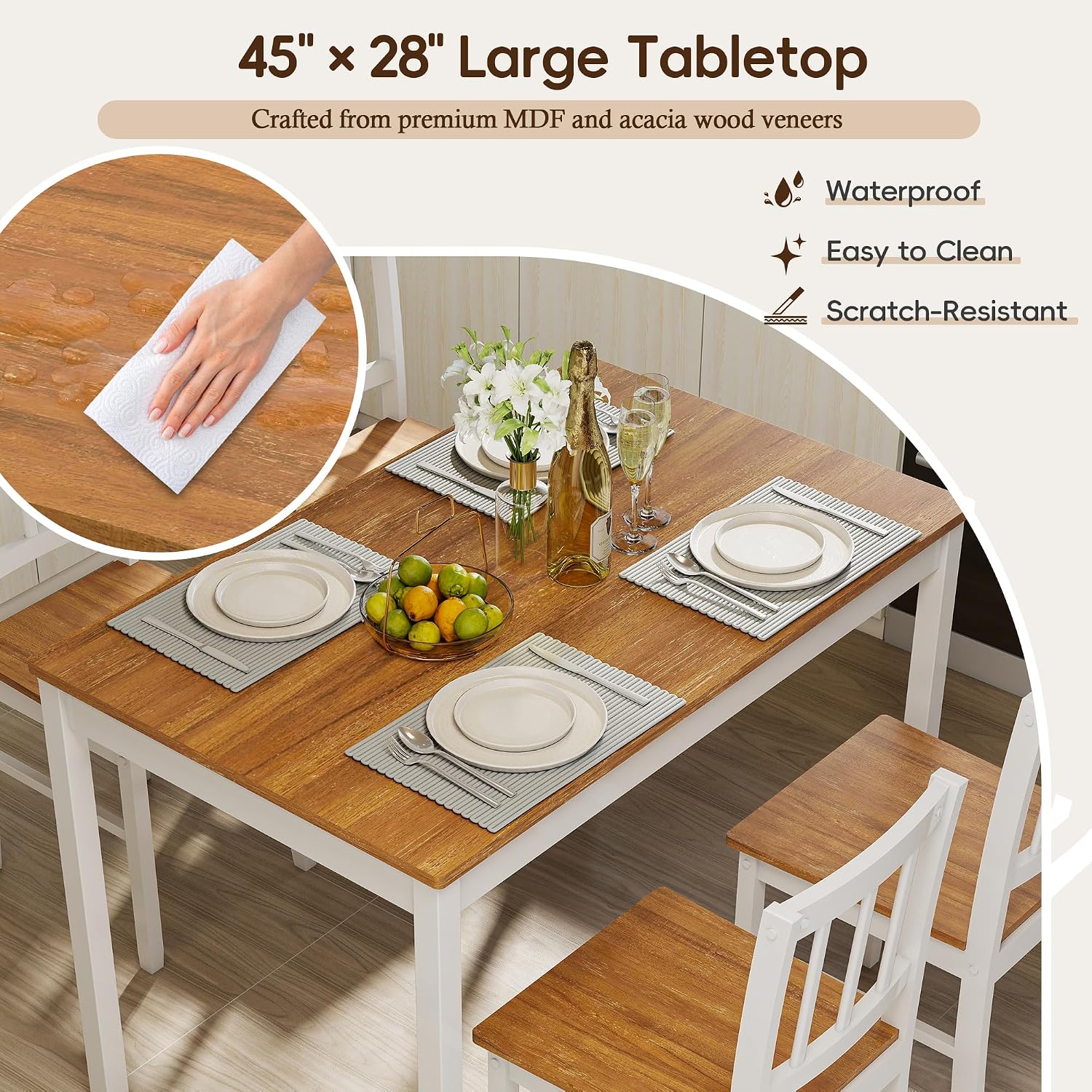 5-Piece Dining Table Set for 4, Solid Wood Farmhouse Rectangular Kitchen Table Set with 4 Chairs, Space-Saving Wooden Dinette Set for Small Space, Dining Room, Breakfast Nook, Brown & White