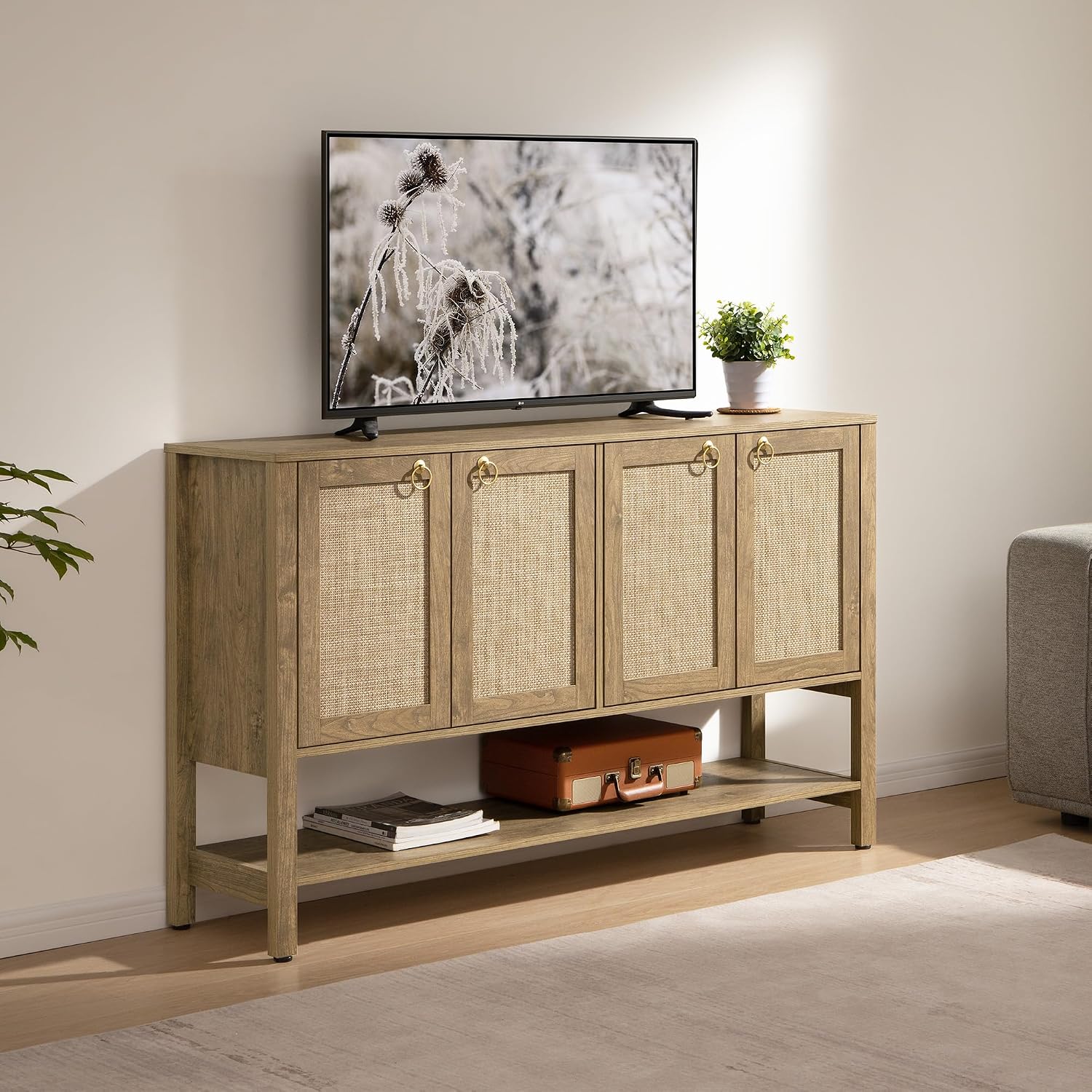 SICOTAS 55' Cherry Sideboard Buffet Cabinet with Rattan Doors, Rustic Farmhouse Coffee Bar Cabinet with Open Shelf, Warm Wood Credenza & Console Table for Kitchen, Dining Room, Entryway
