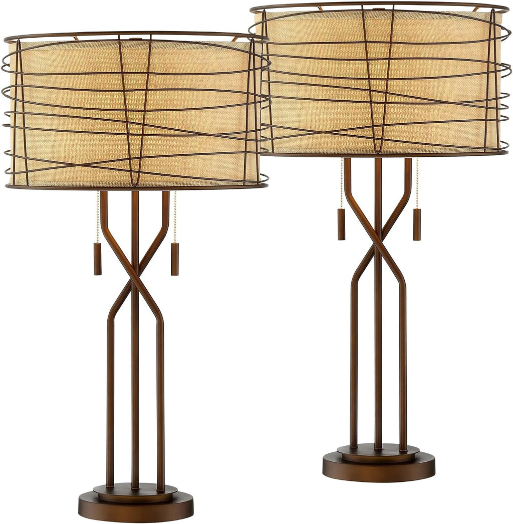 Franklin Iron Works Marlowe 28 3/4' Tall Farmhouse Rustic Modern Industrial End Table Lamps Set of 2 Pull Chain Bronze Brown Metal Living Room Bedroom Bedside Nightstand House Office Woven Shade