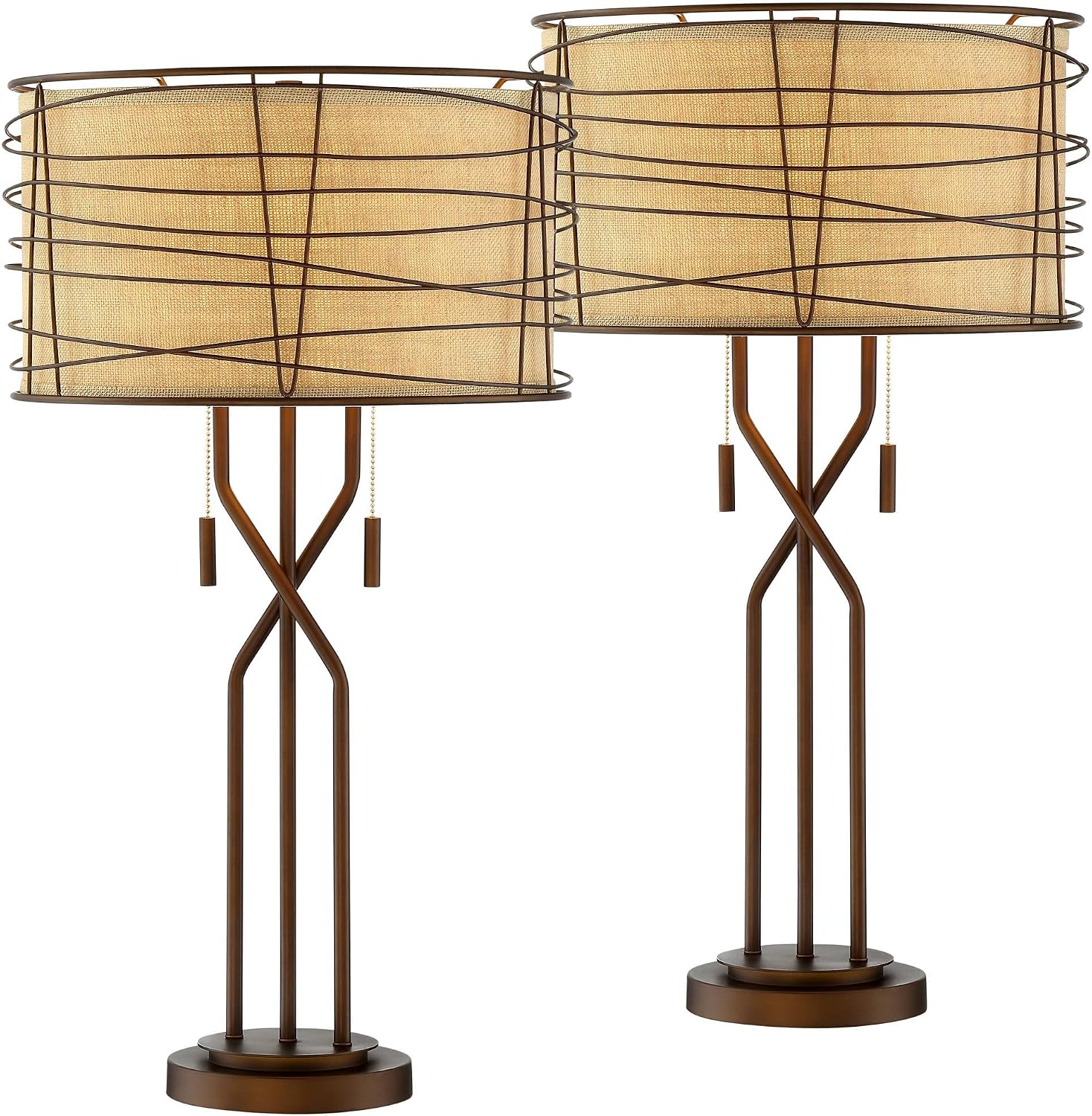 Franklin Iron Works Marlowe 28 3/4' Tall Farmhouse Rustic Modern Industrial End Table Lamps Set of 2 Pull Chain Bronze Brown Metal Living Room Bedroom Bedside Nightstand House Office Woven Shade
