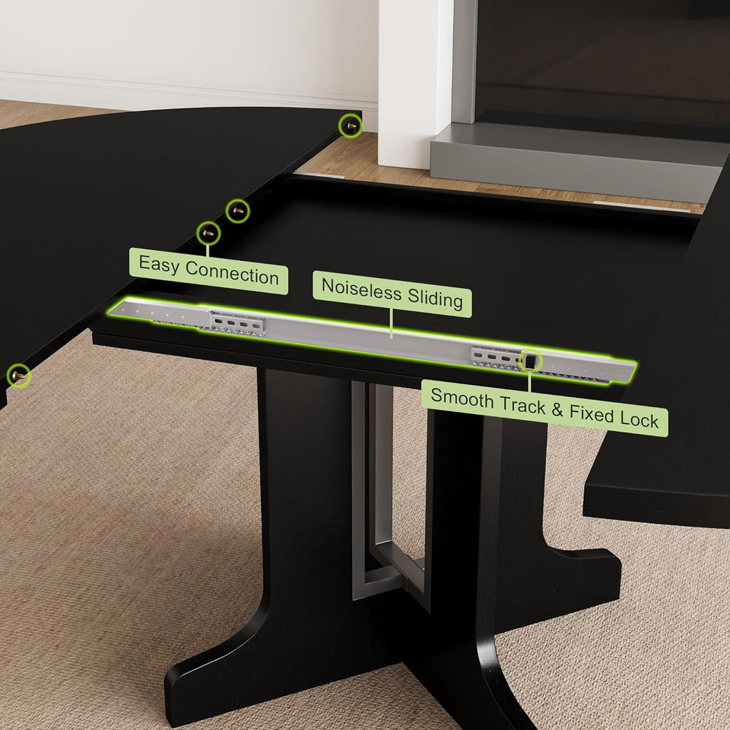 Feonase 59' Round Extendable Dining Room Table for 4-6, Modern Oval Kitchen Table with Heavy Duty Wood Base, Metal Frame Support, for Kitchen Dining Living Room, Easy Assembly, Black
