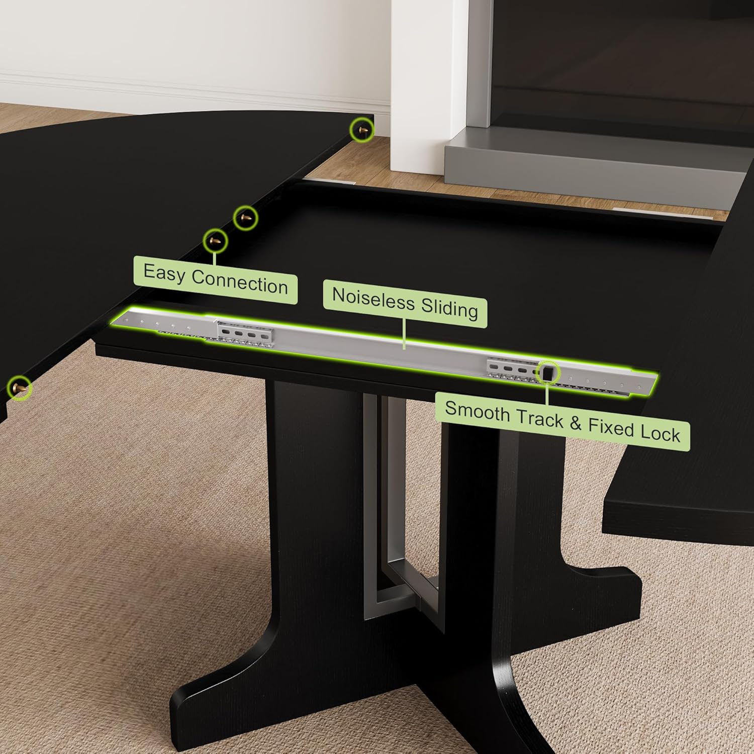Feonase 59' Round Extendable Dining Room Table for 4-6, Modern Oval Kitchen Table with Heavy Duty Wood Base, Metal Frame Support, for Kitchen Dining Living Room, Easy Assembly, Black