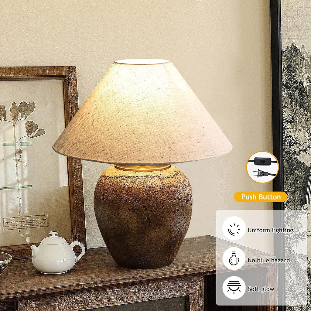 DJAMEL Rustic Farmhouse Clay Pot Lamps 19.6' Tall Ceramic Table Lamp Simple Textured Brown Ceramic Lamp Body with White Textured Shade Bedside Nightstand Lamp for Living Room Bedroom Office