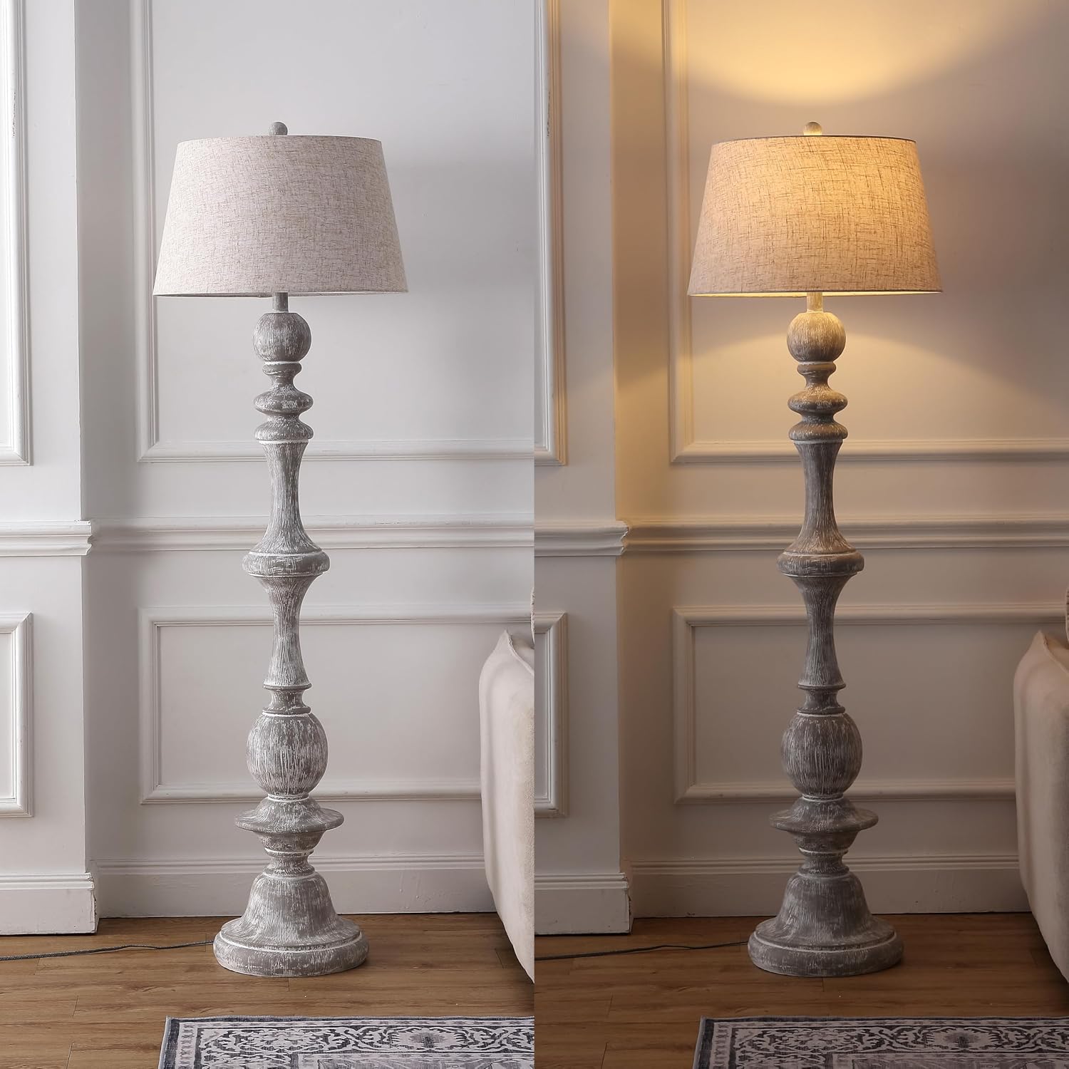 JONATHAN Y 67' Wash Gray Resin Candlestick Floor Lamp Farmhouse Rustic Traditional Standing Lamp for Living Room with Wash Gray Linen Empire Shade LED Bulb Included JYL3000C
