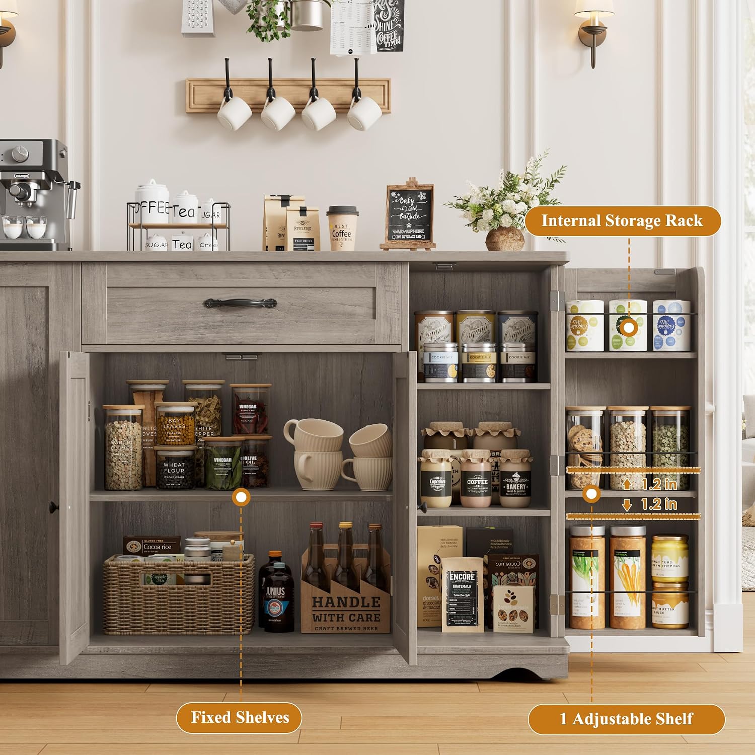HOSTACK Kitchen Island Cart with Storage, 47'' Kitchen Storage Island on Wheels with 2 Drawers, Rolling Island Table with Adjustable Shelves, Mobile Buffet Sideboard Cabinet for Dining Room, Ash Gray